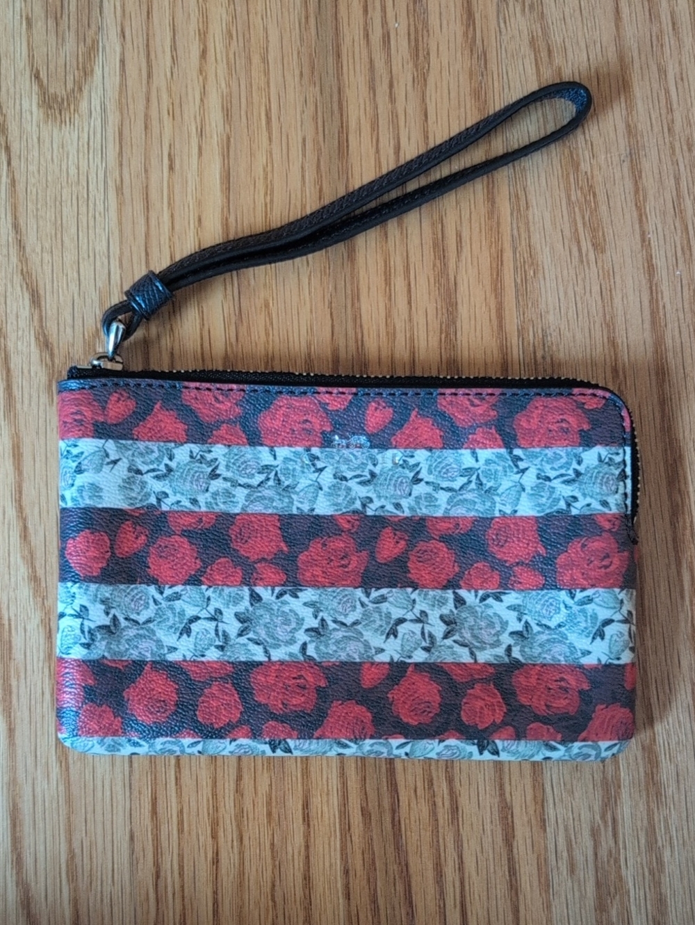 Coach Floral Stripe Wristlet Pouch in Red and Black